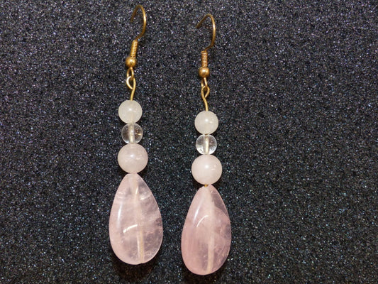 Boucles d'oreilles en quartz rose et cristal de roche