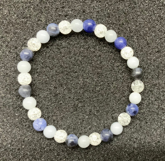 Bracelet sodalite + aigue marine + cristal de roche craquelé, perles 6 ou 8 mm