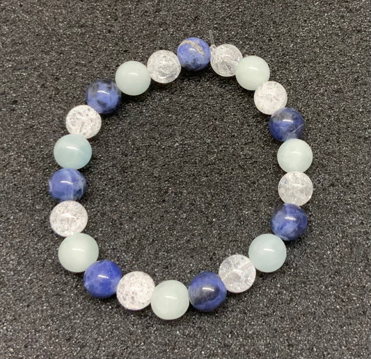 Bracelet sodalite + aigue marine + cristal de roche craquelé, perles 6 ou 8 mm